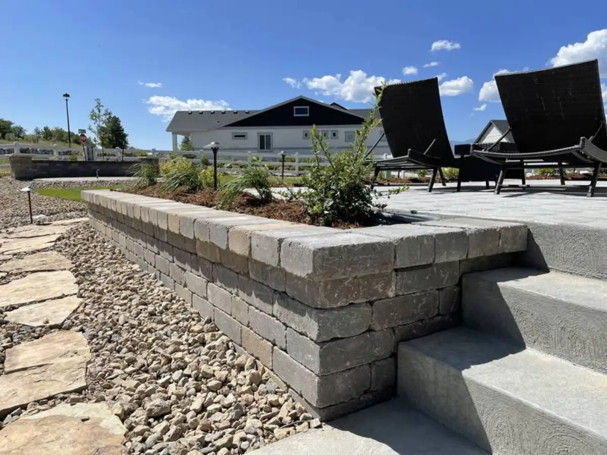 Hardscape steps, wall details, and paved transitions in a residential outdoor space